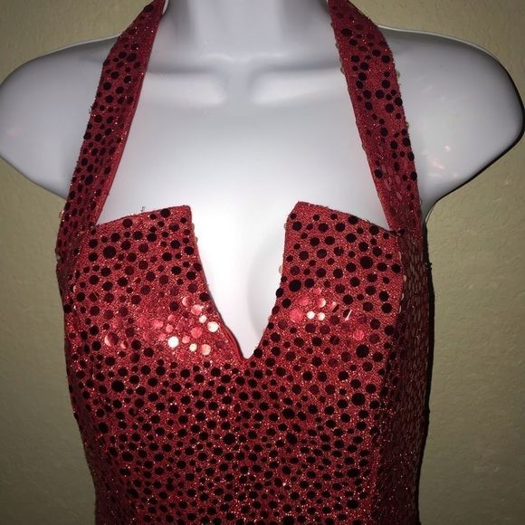 Vintage Alfred Angelo Vintage Red Halter Sequin Dress - Picture 3 of 7